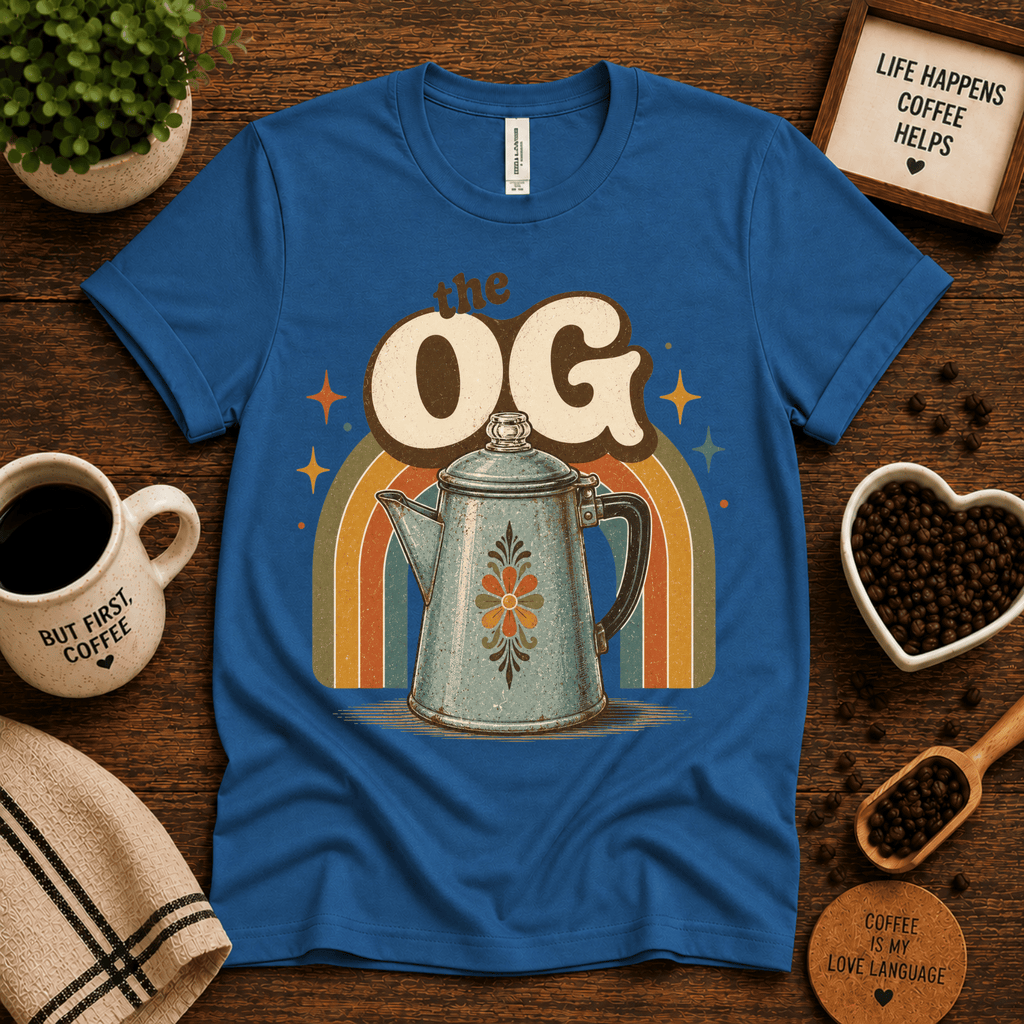 The OG coffee graphic t-shirt cozy flat lay in ocean blue.
