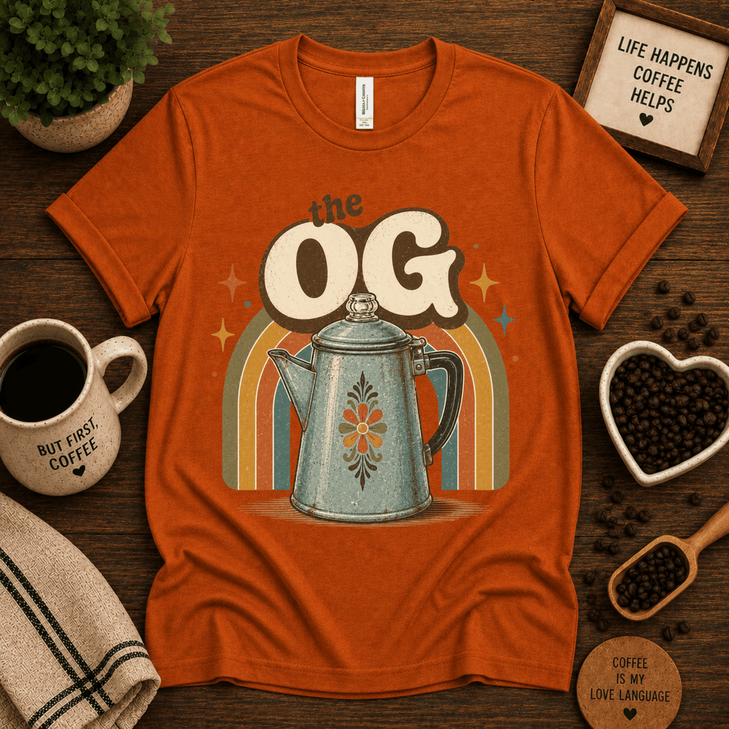 The OG coffee graphic t-shirt cozy flat lay in burnt orange.