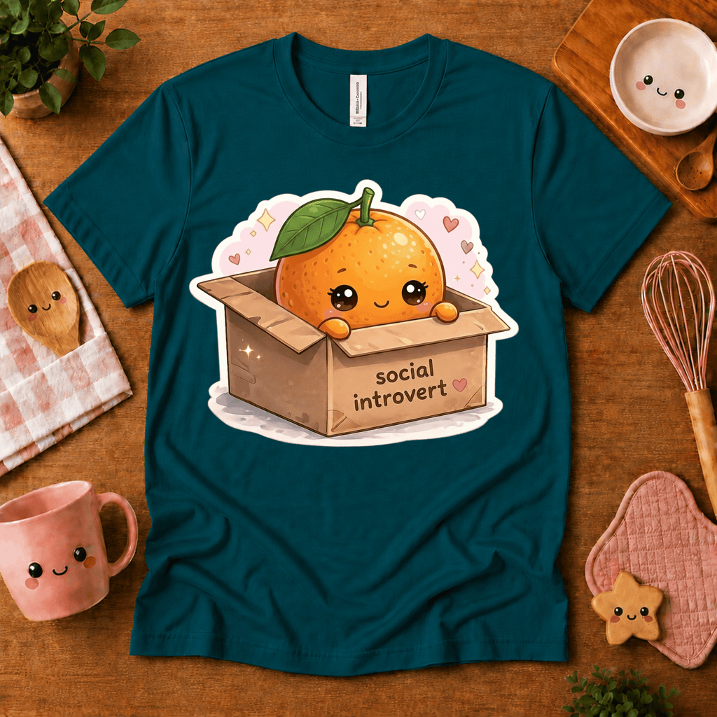 Orange Box cute food graphic t-shirt cozy flat lay deep teal.