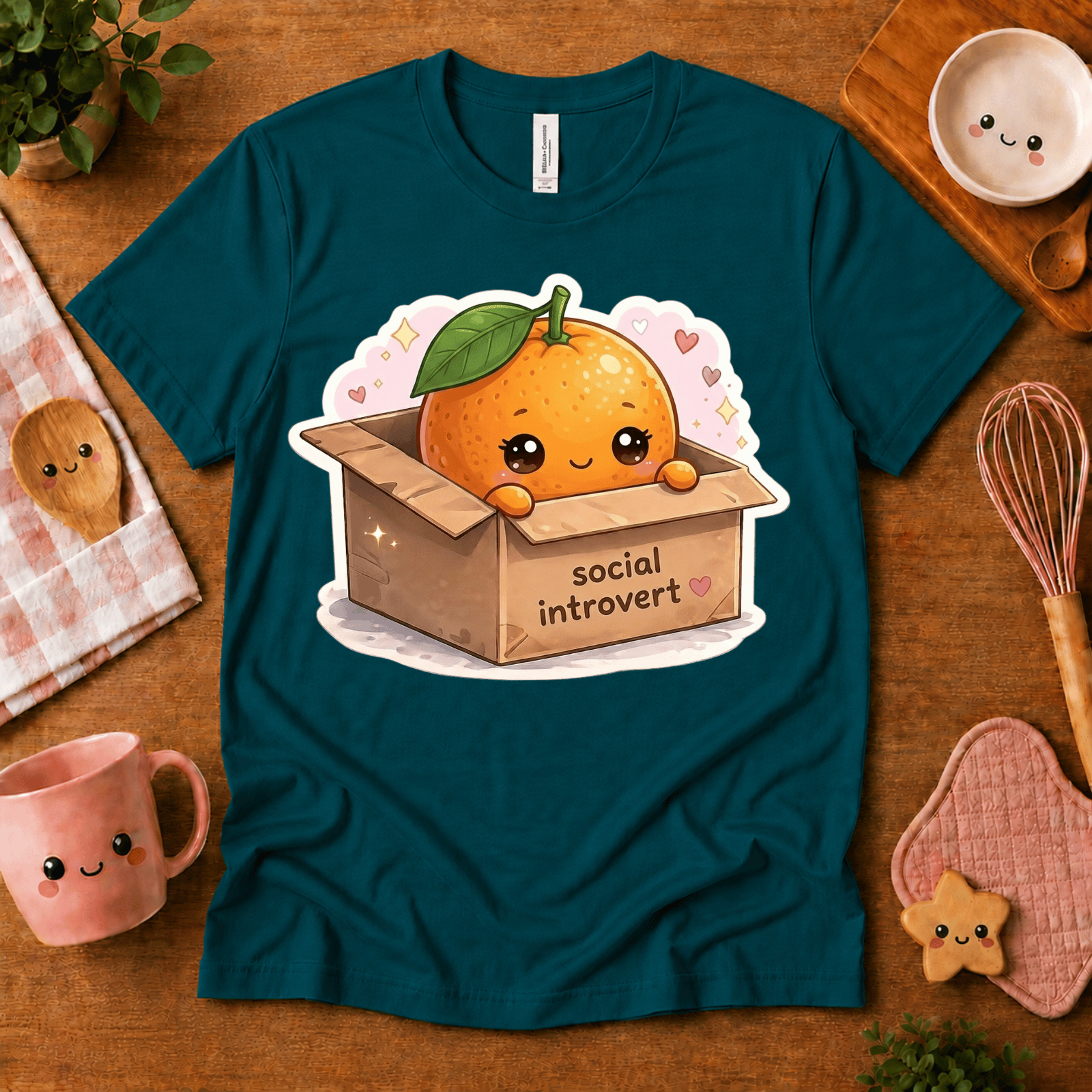 Orange Box cute food graphic t-shirt cozy flat lay deep teal.