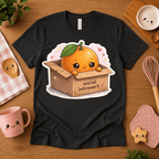 Orange Box cute food graphic t-shirt cozy flat lay in vintage black.