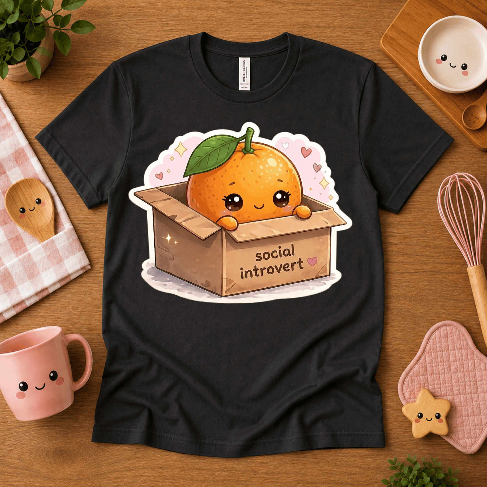 Orange Box cute food graphic t-shirt cozy flat lay in vintage black.