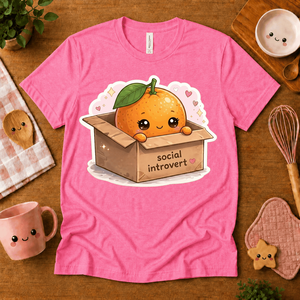 Orange Box cute food graphic t-shirt cozy flat lay in charity pink.