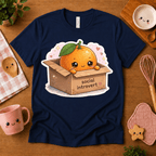 Orange Box cute food graphic t-shirt cozy flat lay in navy.