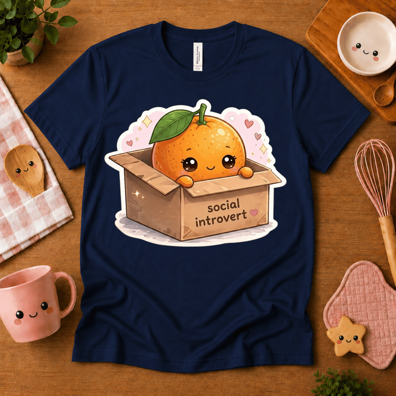 Orange Box cute food graphic t-shirt cozy flat lay in navy.