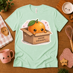 Orange Box cute food graphic t-shirt cozy flat lay in mint.