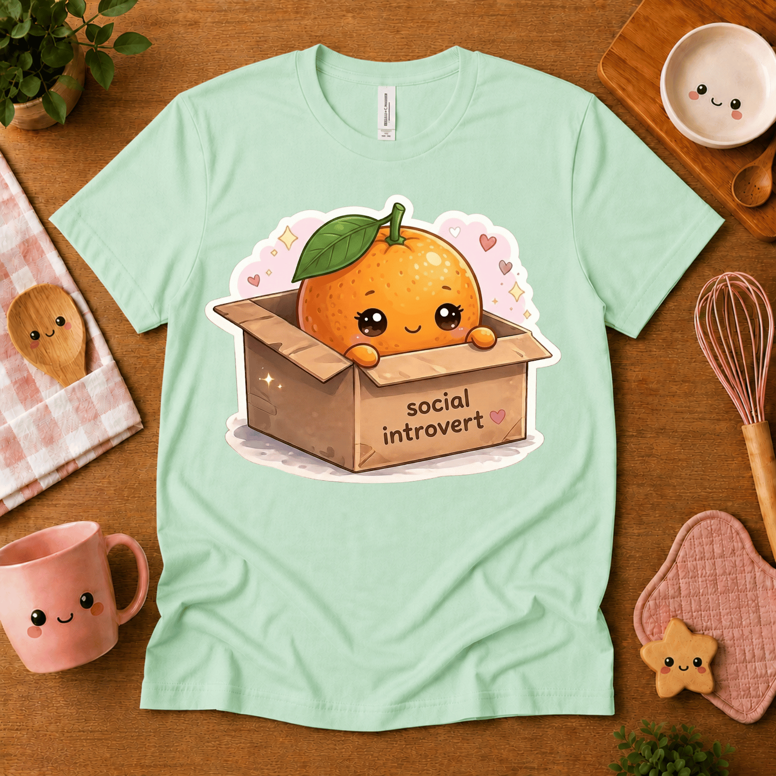 Orange Box cute food graphic t-shirt cozy flat lay in mint.