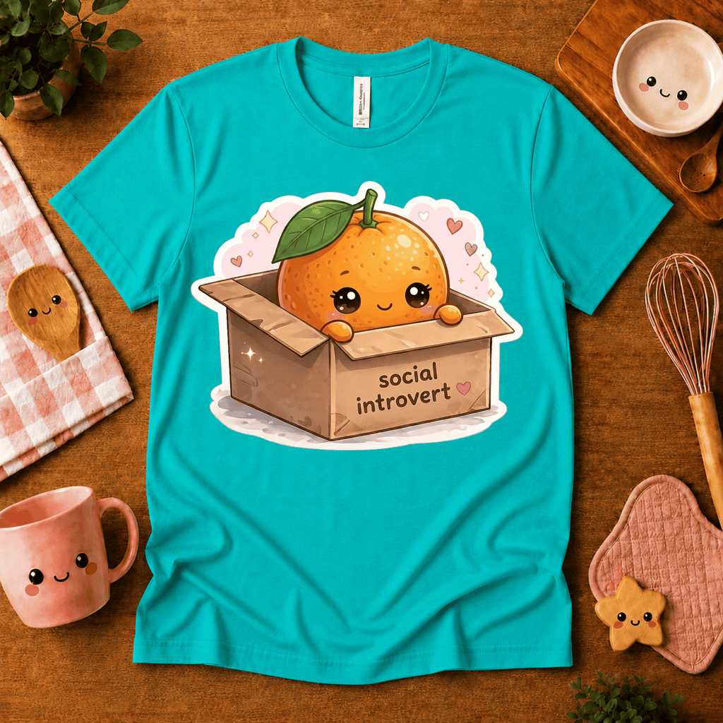 Orange Box cute food graphic t-shirt cozy flat lay in heather sea green.