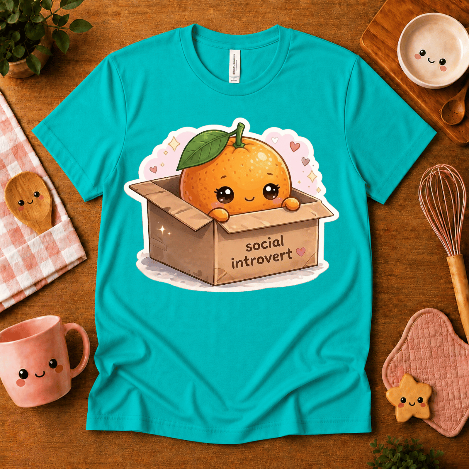 Orange Box cute food graphic t-shirt cozy flat lay in heather sea green.