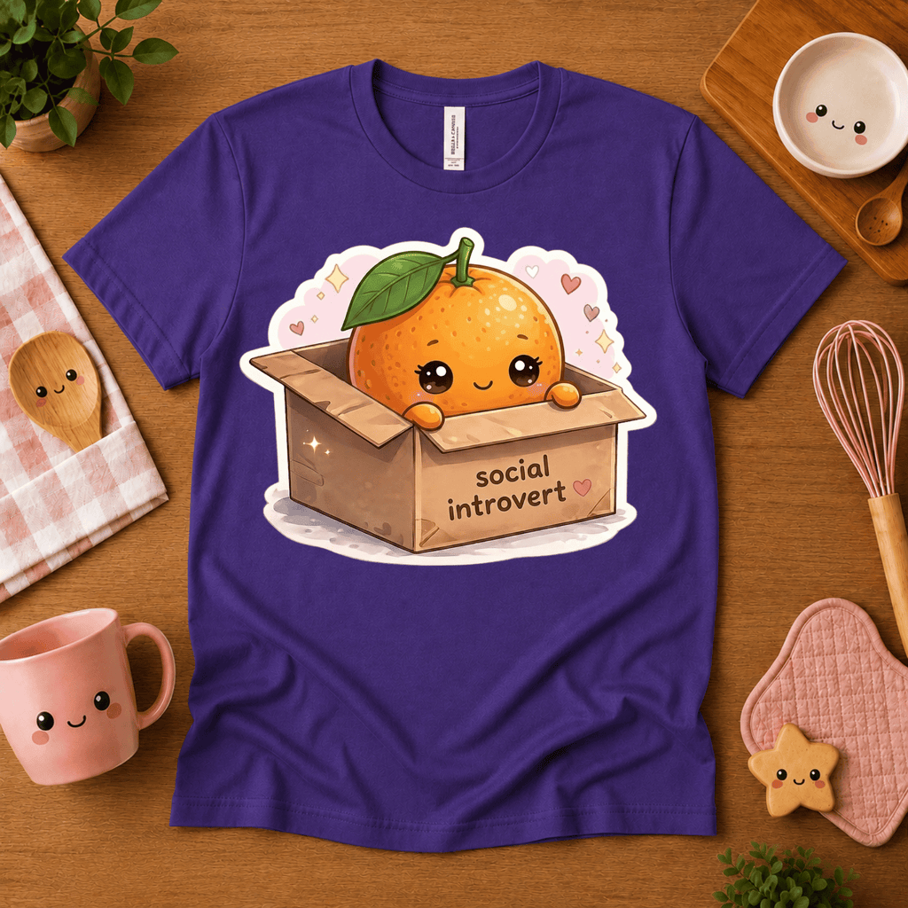 Orange Box cute food graphic t-shirt cozy flat lay in team purple.