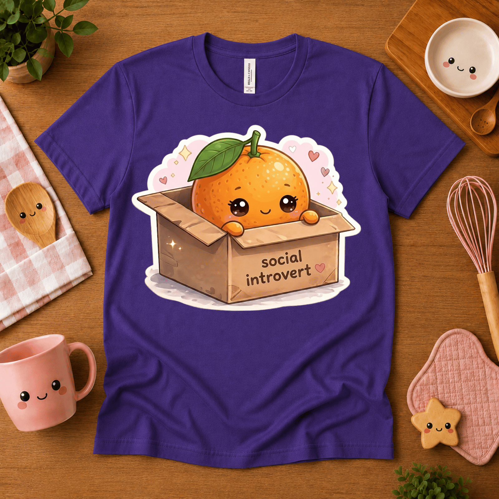 Orange Box cute food graphic t-shirt cozy flat lay in team purple.