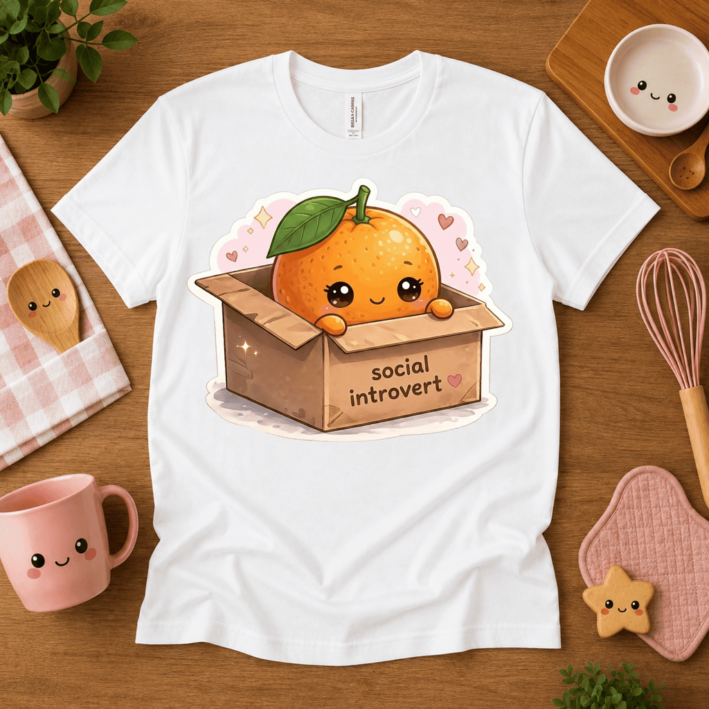 Orange Box cute food graphic t-shirt cozy flat lay in white.