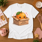 Orange Box cute food graphic t-shirt cozy flat lay in white.