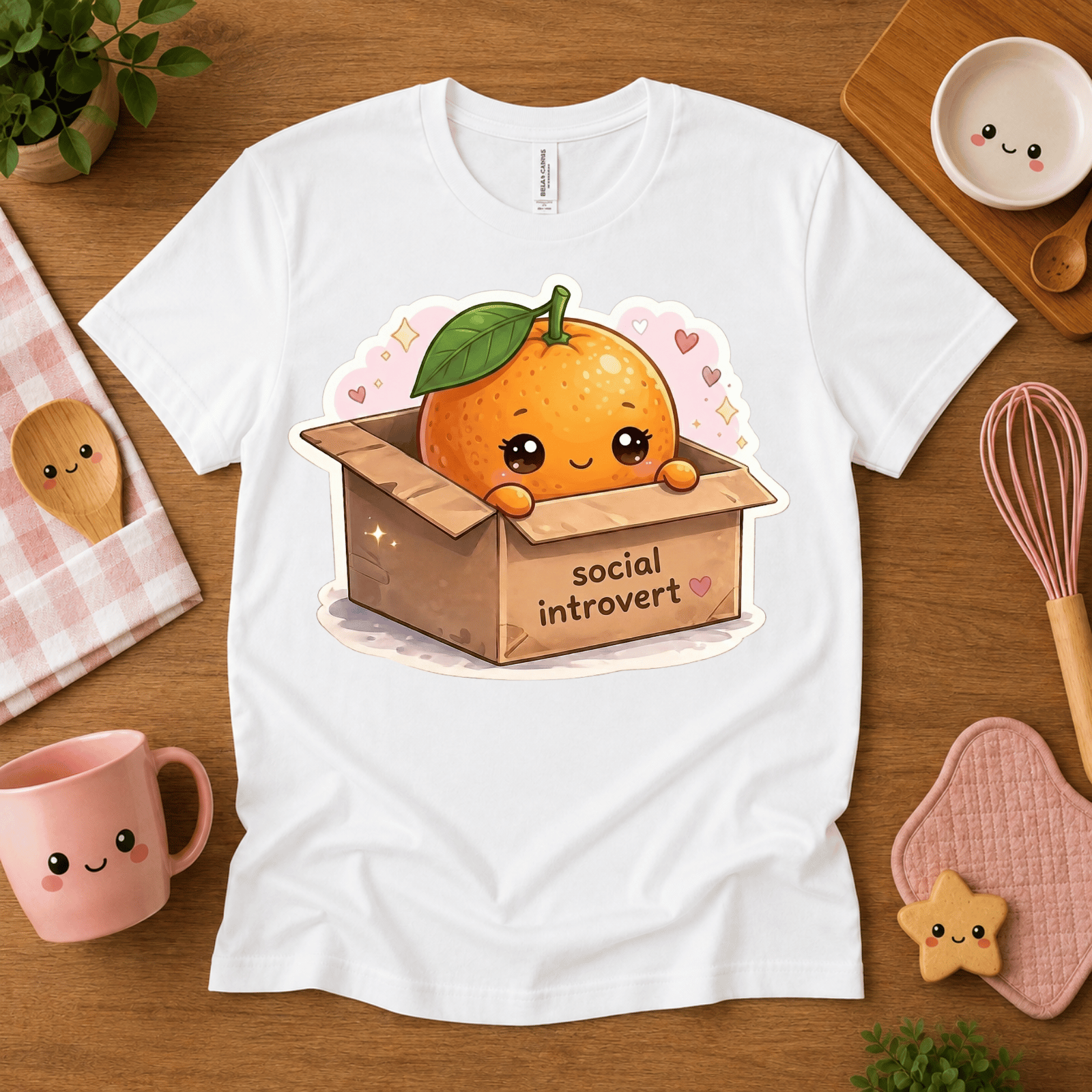 Orange Box cute food graphic t-shirt cozy flat lay in white.