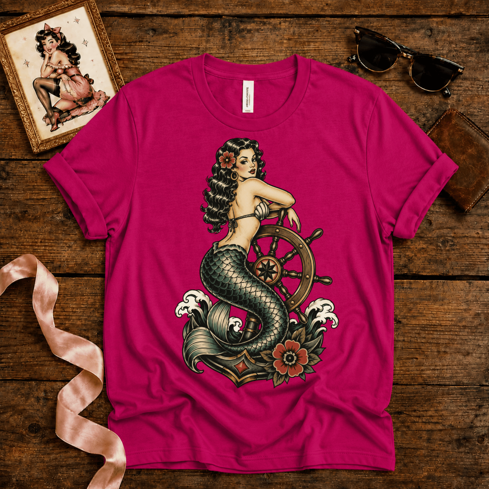 Ship Wheel Mermaid | Vintage Mermaid Pinup Graphic T-Shirt