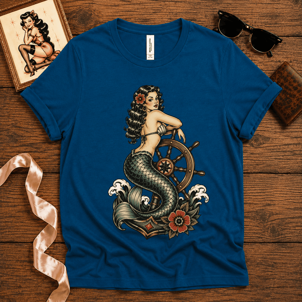 Ship Wheel Mermaid | Vintage Mermaid Pinup Graphic T-Shirt