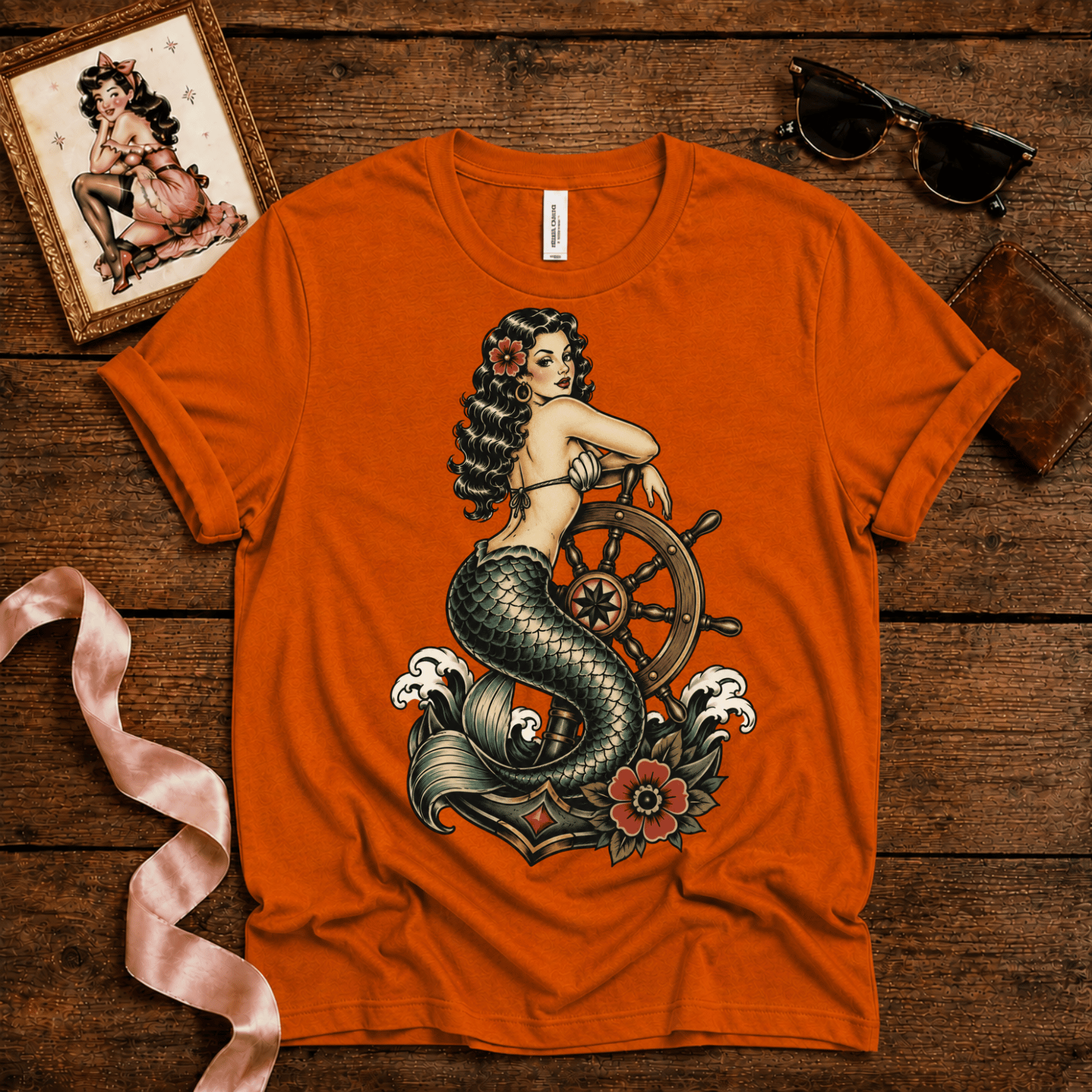 Ship Wheel Mermaid | Vintage Mermaid Pinup Graphic T-Shirt