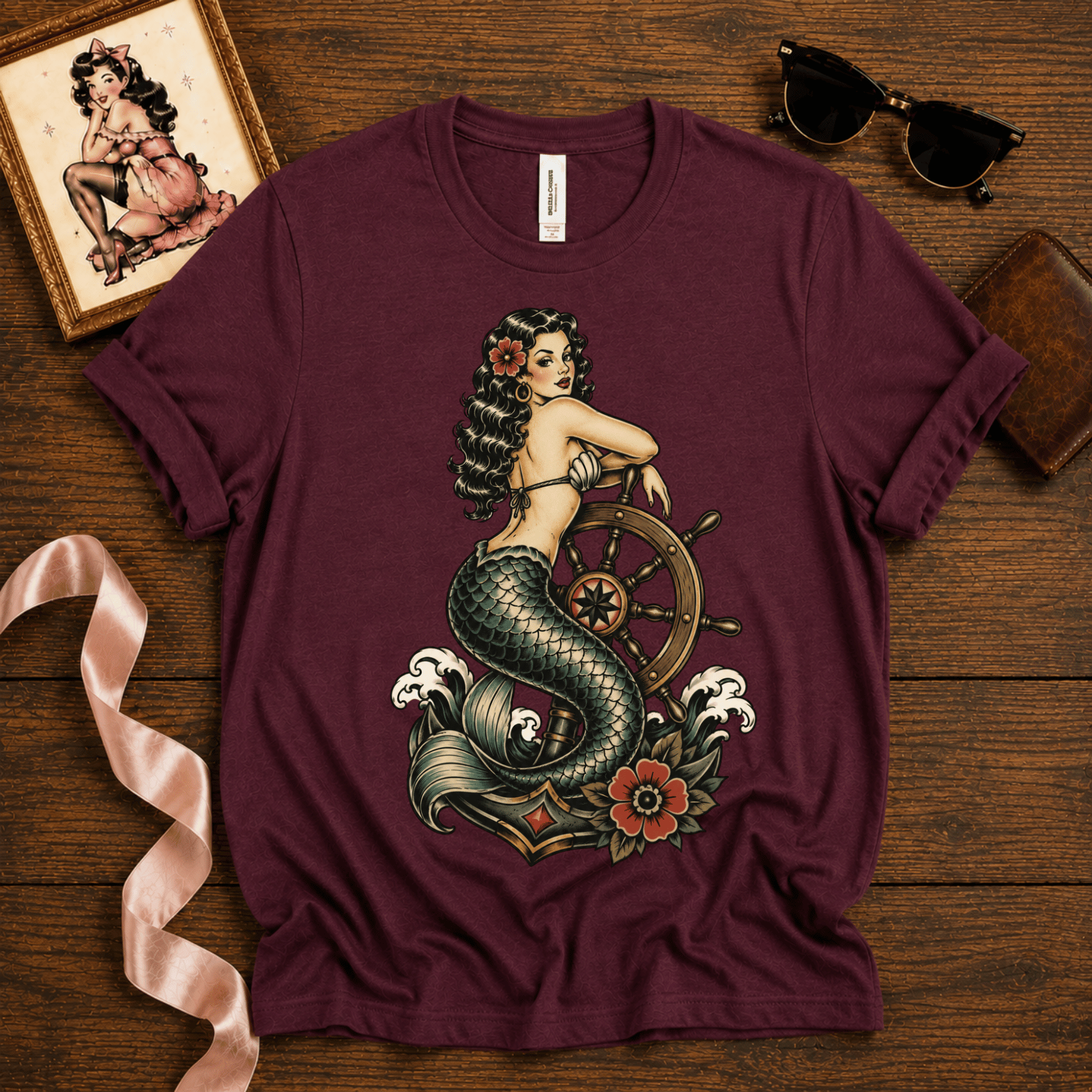 Ship Wheel Mermaid | Vintage Mermaid Pinup Graphic T-Shirt