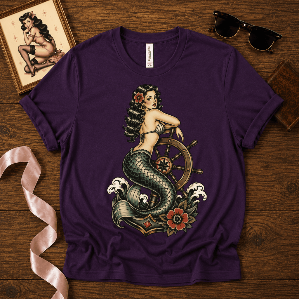 Ship Wheel Mermaid | Vintage Mermaid Pinup Graphic T-Shirt