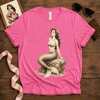Beach Mermaid pinup graphic t-shirt cozy flat lay in charity pink.