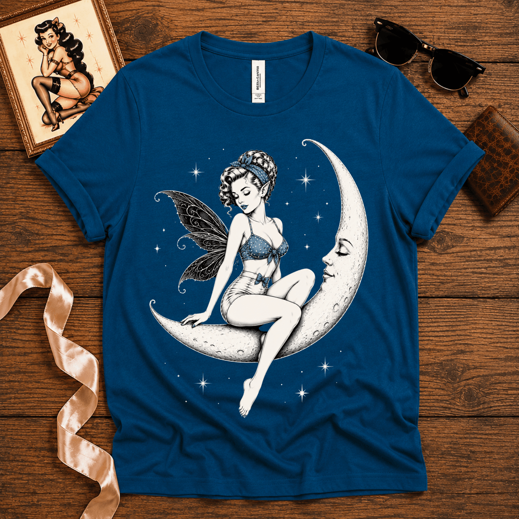 Moonlit Fairy pinup graphic t-shirt cozy flat lay in deep teal.