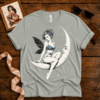 Moonlit Fairy pinup graphic t-shirt cozy flat lay in athletic heather.