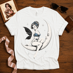 Moonlit Fairy pinup graphic t-shirt cozy flat lay in white.