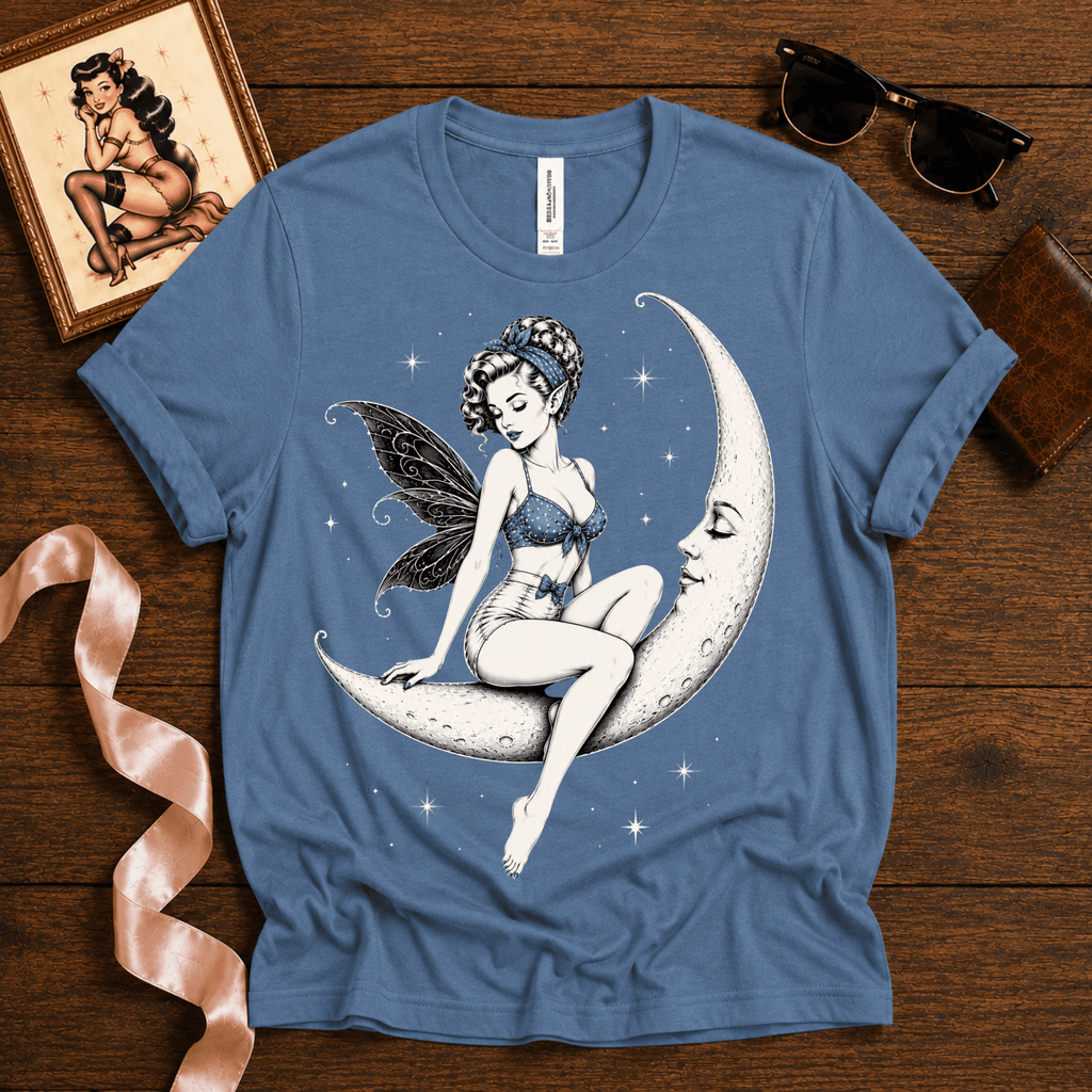 Moonlit Fairy pinup graphic t-shirt cozy flat lay in steel blue.