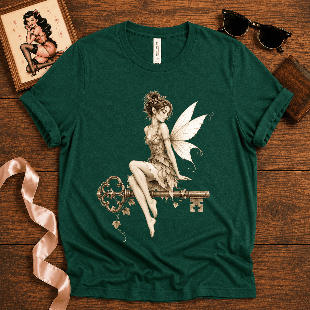 Fairy Key pinup graphic t-shirt cozy flat lay in evergreen.