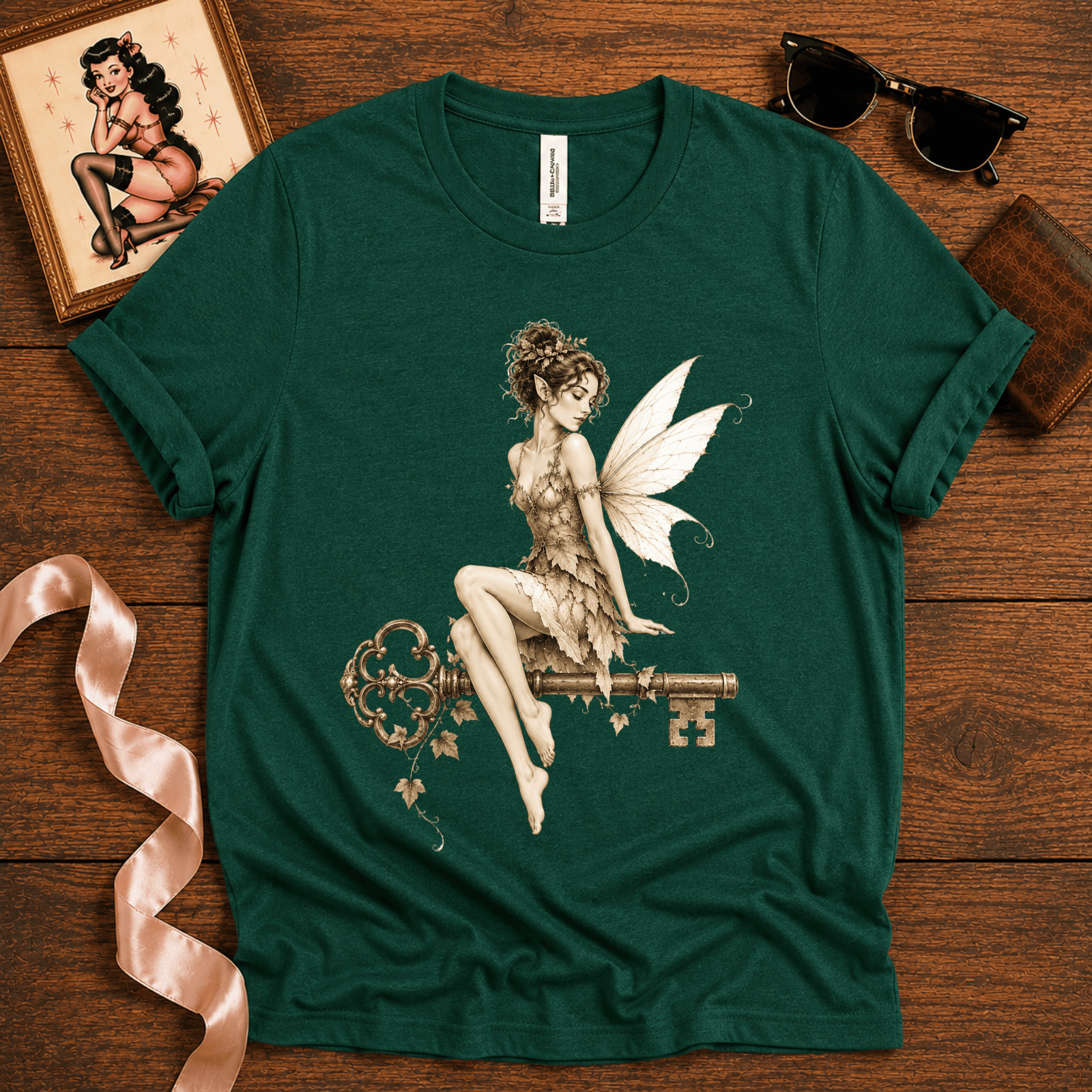 Fairy Key pinup graphic t-shirt cozy flat lay in evergreen.