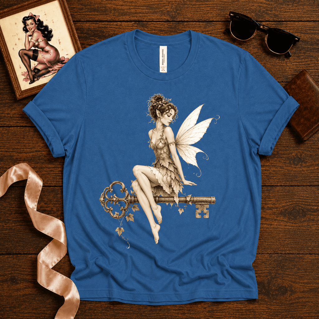 Fairy Key pinup graphic t-shirt cozy flat lay in ocean blue.