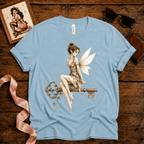 Fairy Key pinup graphic t-shirt cozy flat lay in baby blue.