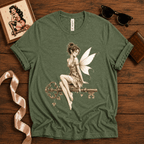 Fairy Key pinup graphic t-shirt cozy flat lay in leaf.