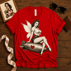 Love Bomb pinup fairy graphic t-shirt cozy flat lay in red.