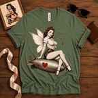 Love Bomb pinup fairy graphic t-shirt cozy flat lay in leaf.