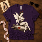 Love Bomb pinup fairy graphic t-shirt cozy flat lay in team purple.