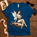 Love Bomb pinup fairy graphic t-shirt cozy flat lay in deep teal.