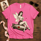 Love Bomb pinup fairy graphic t-shirt cozy flat lay in charity pink.
