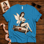 Love Bomb pinup fairy graphic t-shirt cozy flat lay in aqua.