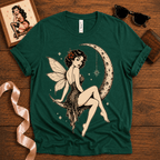 Red Rose Moon pinup fairy graphic t-shirt cozy flat lay in evergreen.