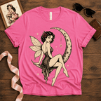 Red Rose Moon pinup fairy graphic t-shirt cozy flat lay in charity pink.