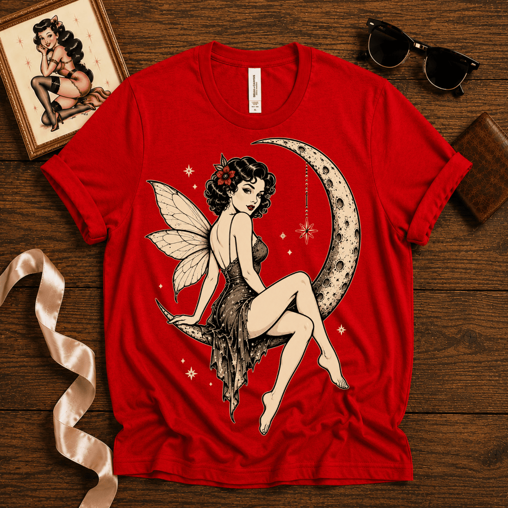 Red Rose Moon pinup fairy graphic t-shirt cozy flat lay in red.