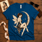Red Rose Moon pinup fairy graphic t-shirt cozy flat lay in deep teal.