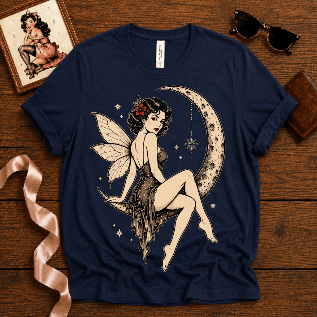 Red Rose Moon pinup fairy graphic t-shirt cozy flat lay in navy.