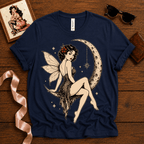 Red Rose Moon pinup fairy graphic t-shirt cozy flat lay in navy.