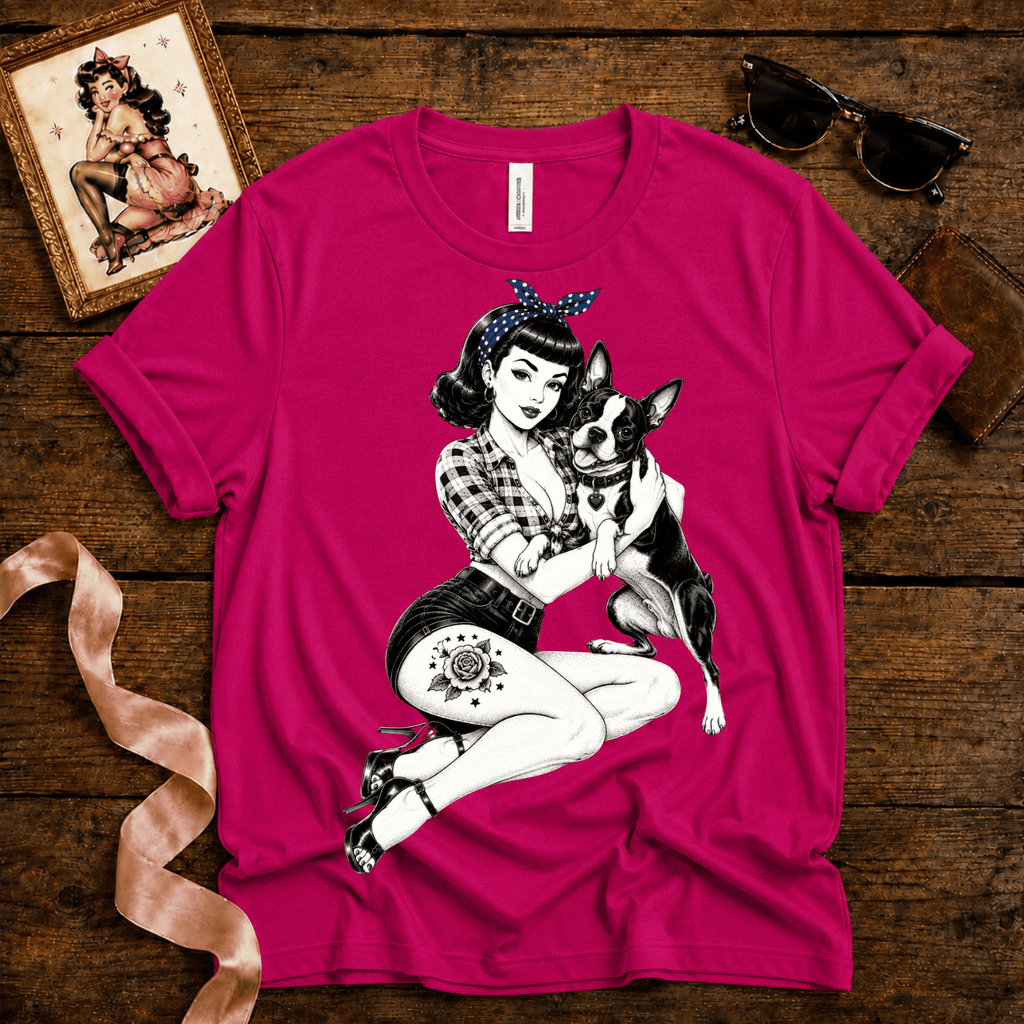 Boston Love pinup graphic t-shirt cozy flat lay in berry.