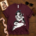 Boston Love pinup graphic t-shirt cozy flat lay in maroon.