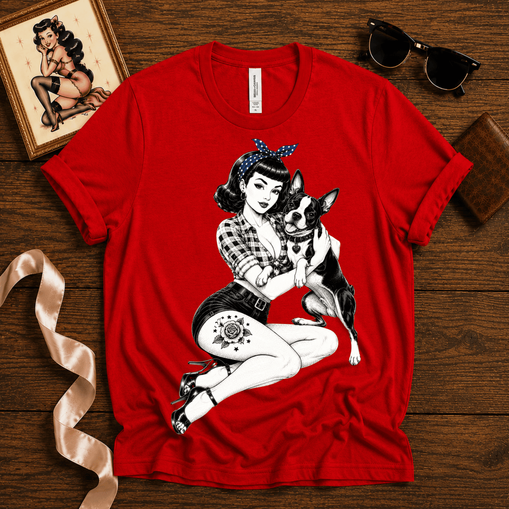Boston Love pinup graphic t-shirt cozy flat lay in red.
