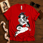 Boston Love pinup graphic t-shirt cozy flat lay in red.