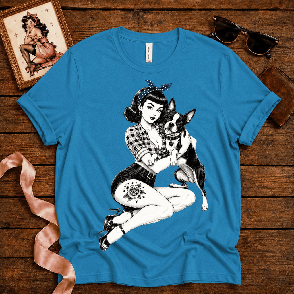 Boston Love pinup graphic t-shirt cozy flat lay in aqua.